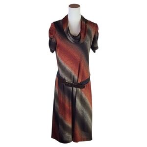 Roz & Ali Cowl Neck Belted Knit Dress Size 12 Brown Ombre Stripe Short Sleeve